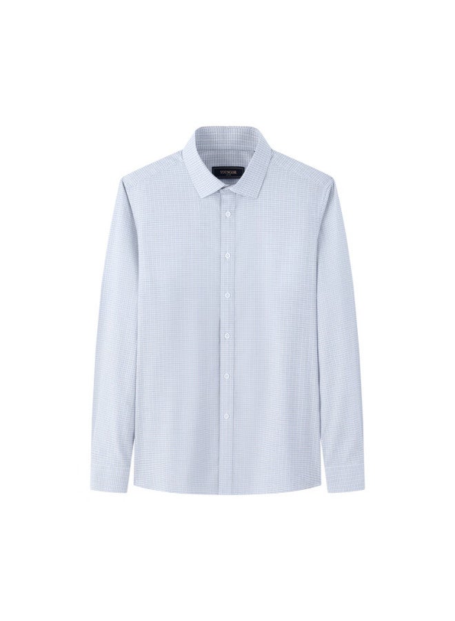 YOUNGOR Yagelor Men's Wrinkle-free Mulberry Silk Spring And Autumn Business Casual Commuting Plaid Long Sleeve Shirt Light Blue Size 45 - Image 4