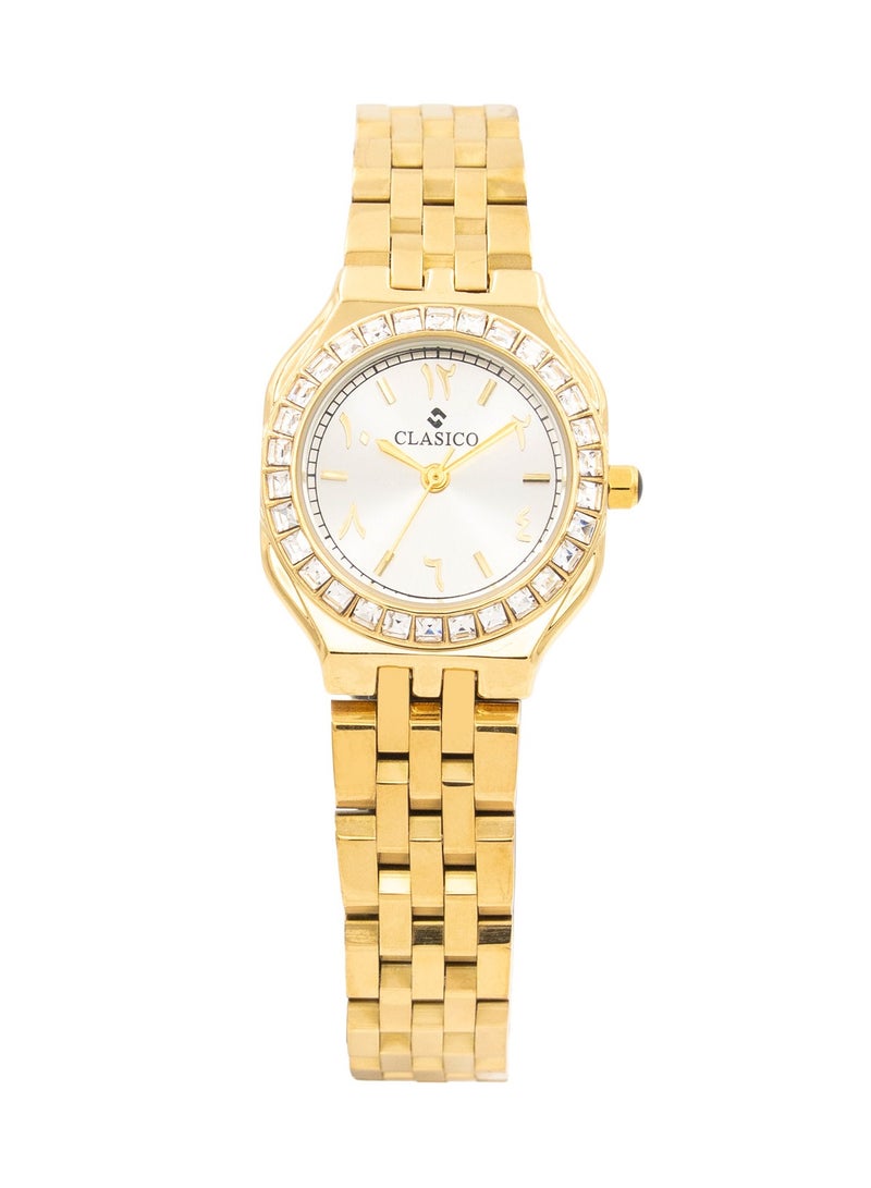 Clasico ساعة نورة النسائية الفاخرة التناظرية 30 مم - قرص عربي ذهبي مع إطار كريستالي وسوار ذهبي، حركة كوارتز - Image 1