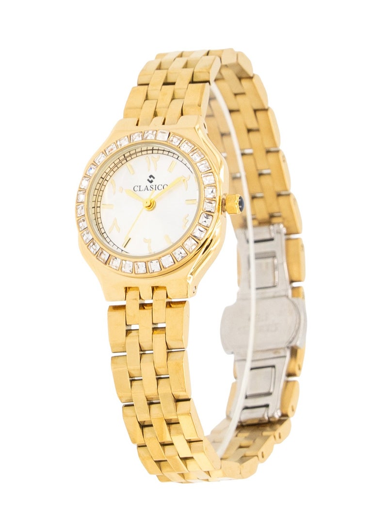 Clasico ساعة نورة النسائية الفاخرة التناظرية 30 مم - قرص عربي ذهبي مع إطار كريستالي وسوار ذهبي، حركة كوارتز - Image 2