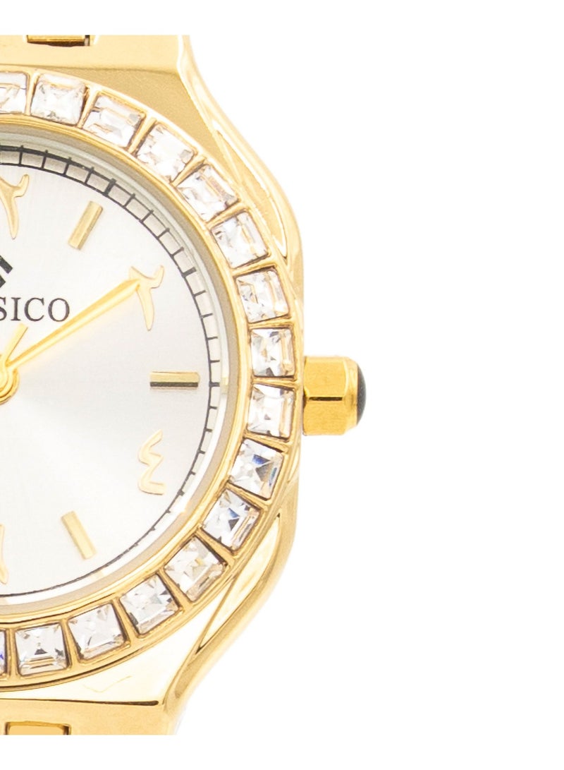 Clasico ساعة نورة النسائية الفاخرة التناظرية 30 مم - قرص عربي ذهبي مع إطار كريستالي وسوار ذهبي، حركة كوارتز - Image 3