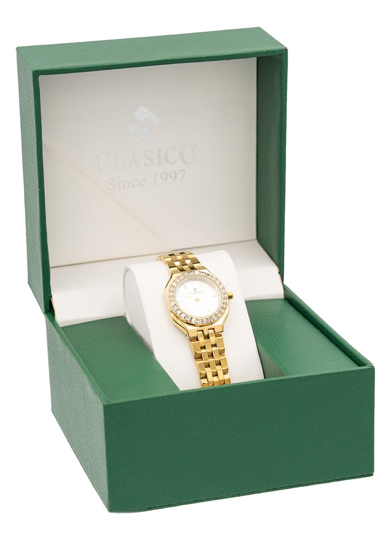 Clasico ساعة نورة النسائية الفاخرة التناظرية 30 مم - قرص عربي ذهبي مع إطار كريستالي وسوار ذهبي، حركة كوارتز - Image 5