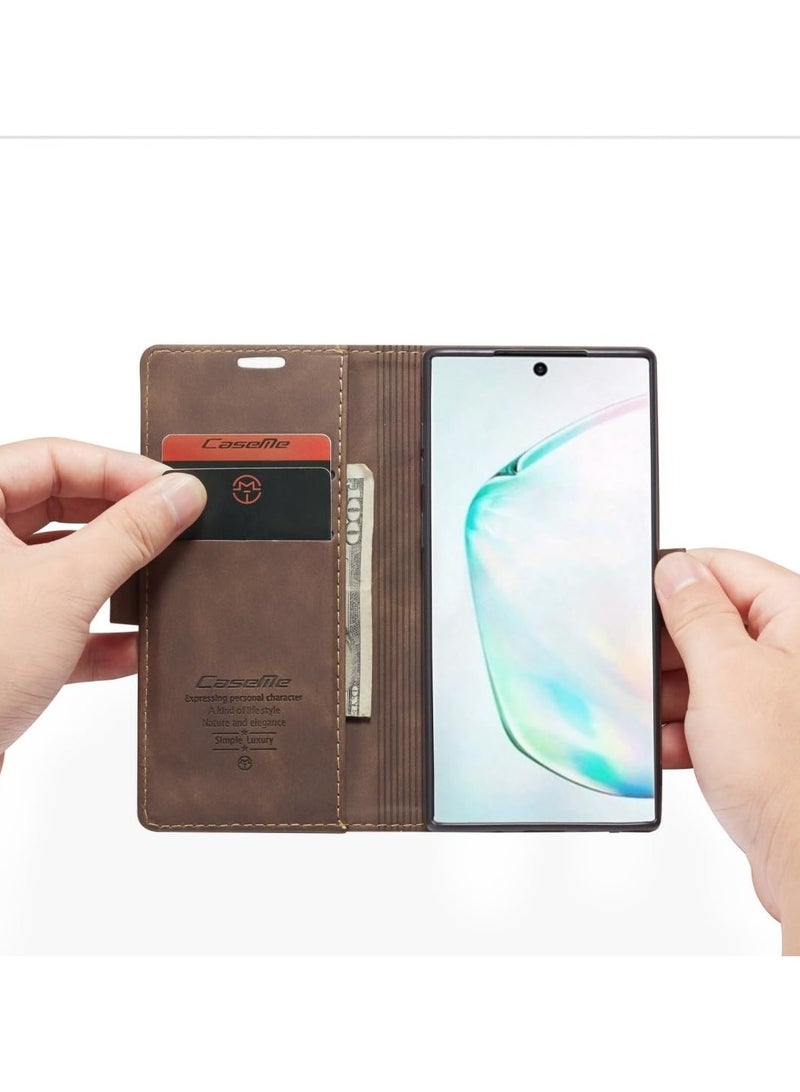 CaseMe Phone Case Luxury PU Leather Design 013 Flip Cover Card Slot Holder Cover For Samsung Galaxy Note 10 (Coffe)  - Image 2
