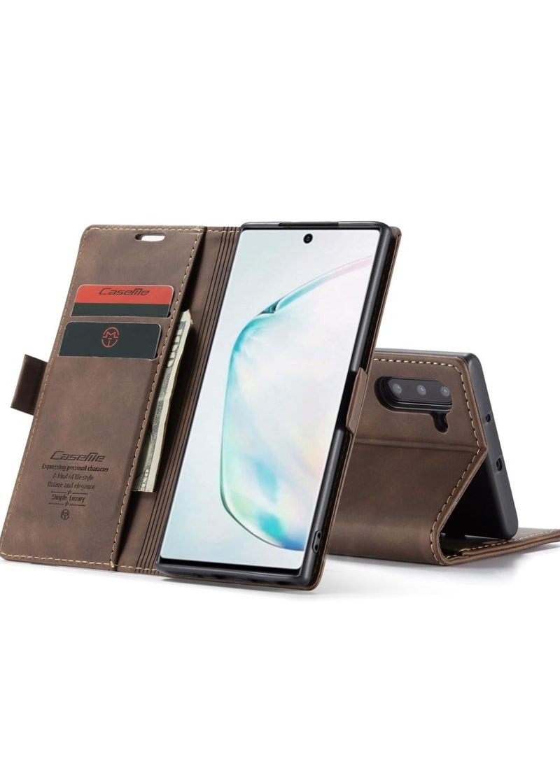 CaseMe Phone Case Luxury PU Leather Design 013 Flip Cover Card Slot Holder Cover For Samsung Galaxy Note 10 (Coffe)  - Image 3