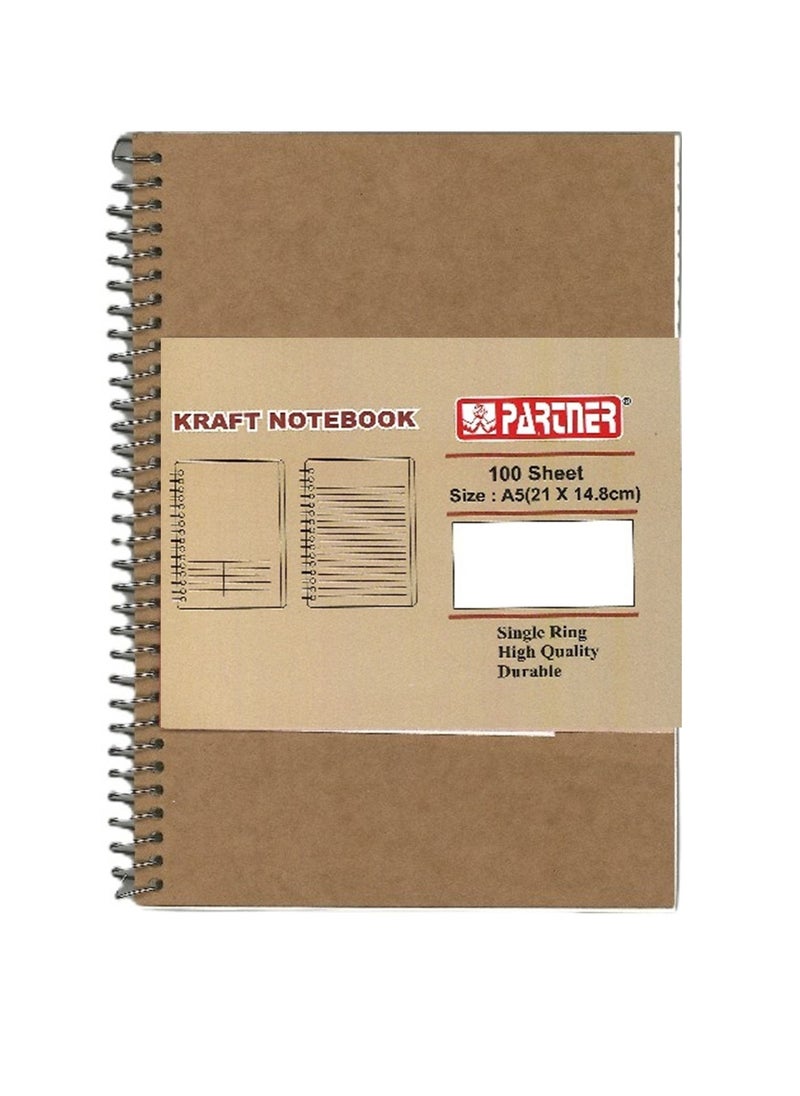 PARTNER - 1-Piece A5 Size Spiral Binded Ruled Notebook 100 Sheets Kraft Brown Cover White Sheets - Image 1