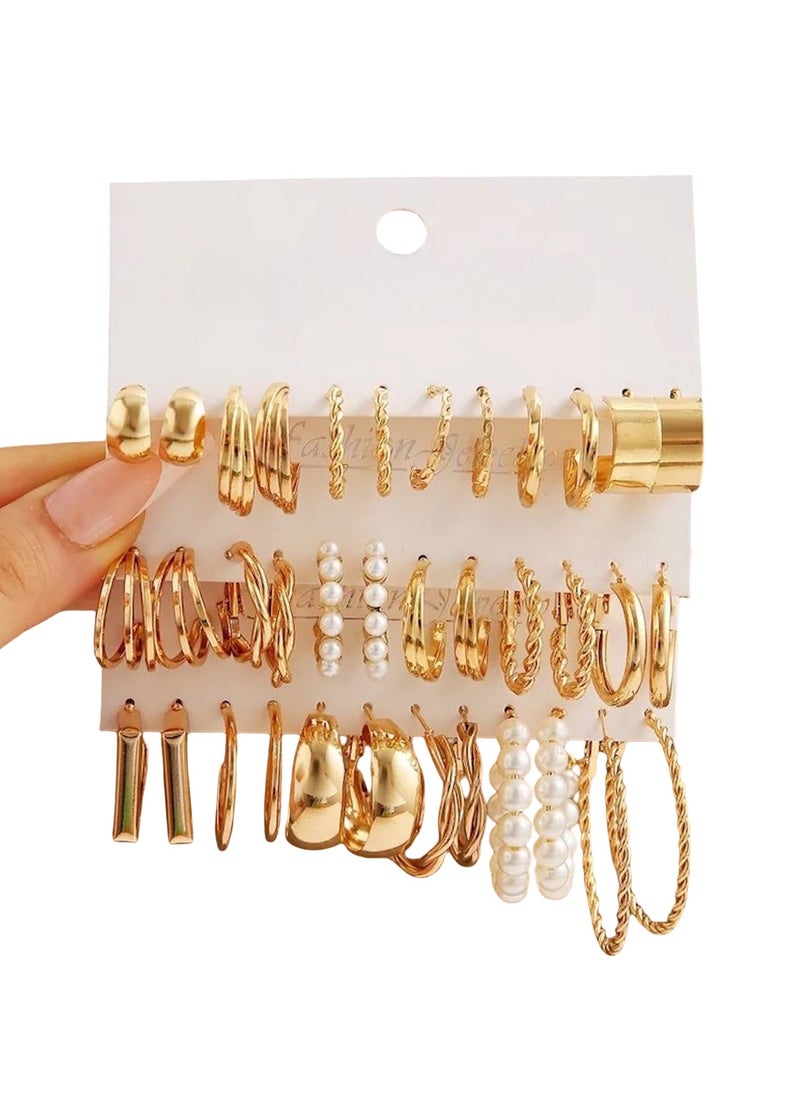 Huitich 18-Pair Gold Colour Tone Hoop Earrings Set – Assorted Sizes & Designs  - Image 1