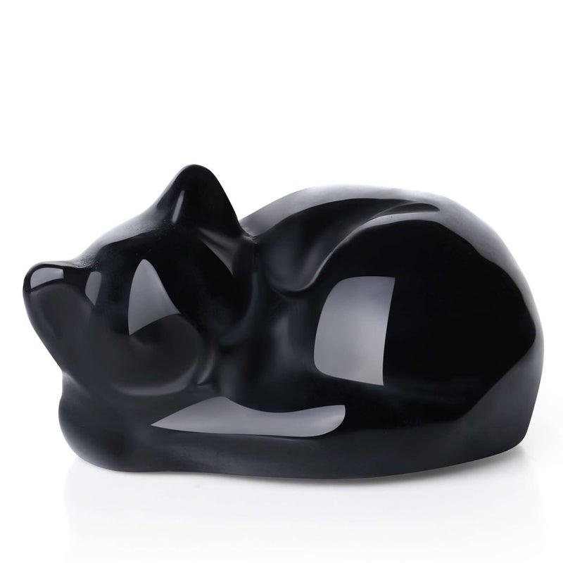LAIDANLA Black Obsidian Sleeping Cat Statue Healing Crystals Hand Carved Cute Kitten Figurine Sculpture 1.6"" Glossy Gemstone Decor Polished Stone Reiki Office Room Bedroom Desk Home Decoration Gifts - Image 1