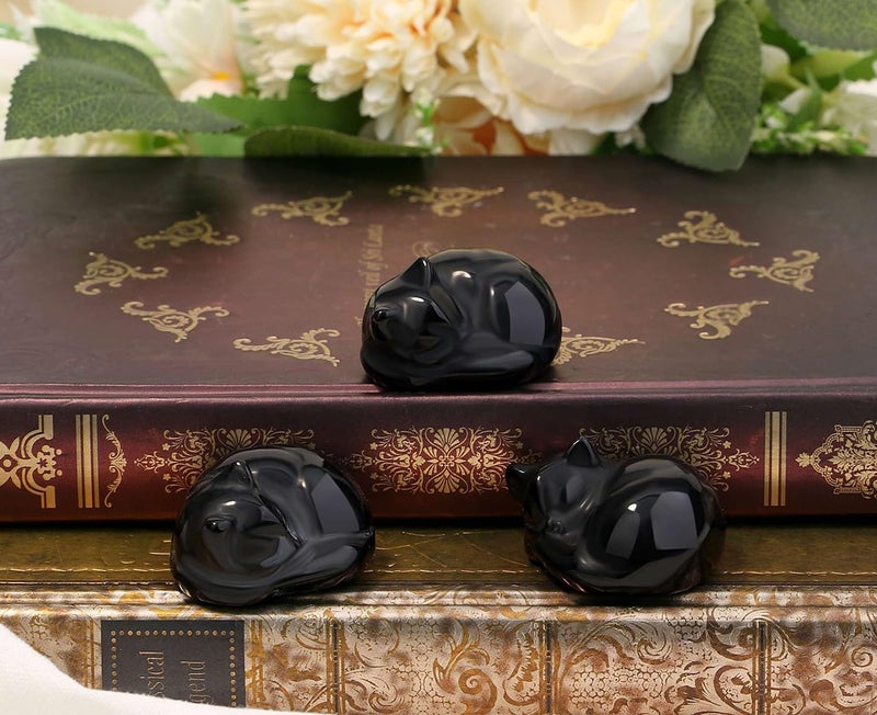 LAIDANLA Black Obsidian Sleeping Cat Statue Healing Crystals Hand Carved Cute Kitten Figurine Sculpture 1.6"" Glossy Gemstone Decor Polished Stone Reiki Office Room Bedroom Desk Home Decoration Gifts - Image 2