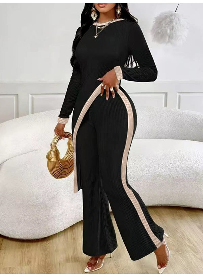 general 2026 Spring/Summer Women's Fashion Color-Contrasting Long-Sleeved Side-Opening Skirt T-Shirt + Patched Pants Set - Image 1