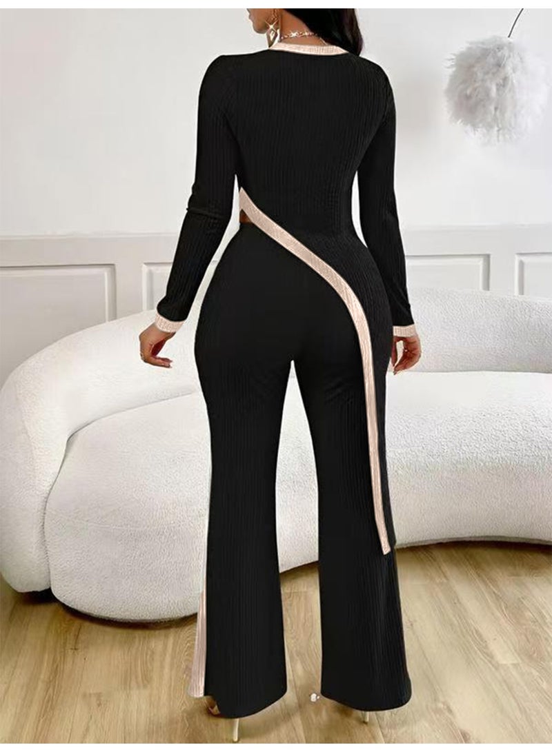 general 2026 Spring/Summer Women's Fashion Color-Contrasting Long-Sleeved Side-Opening Skirt T-Shirt + Patched Pants Set - Image 2