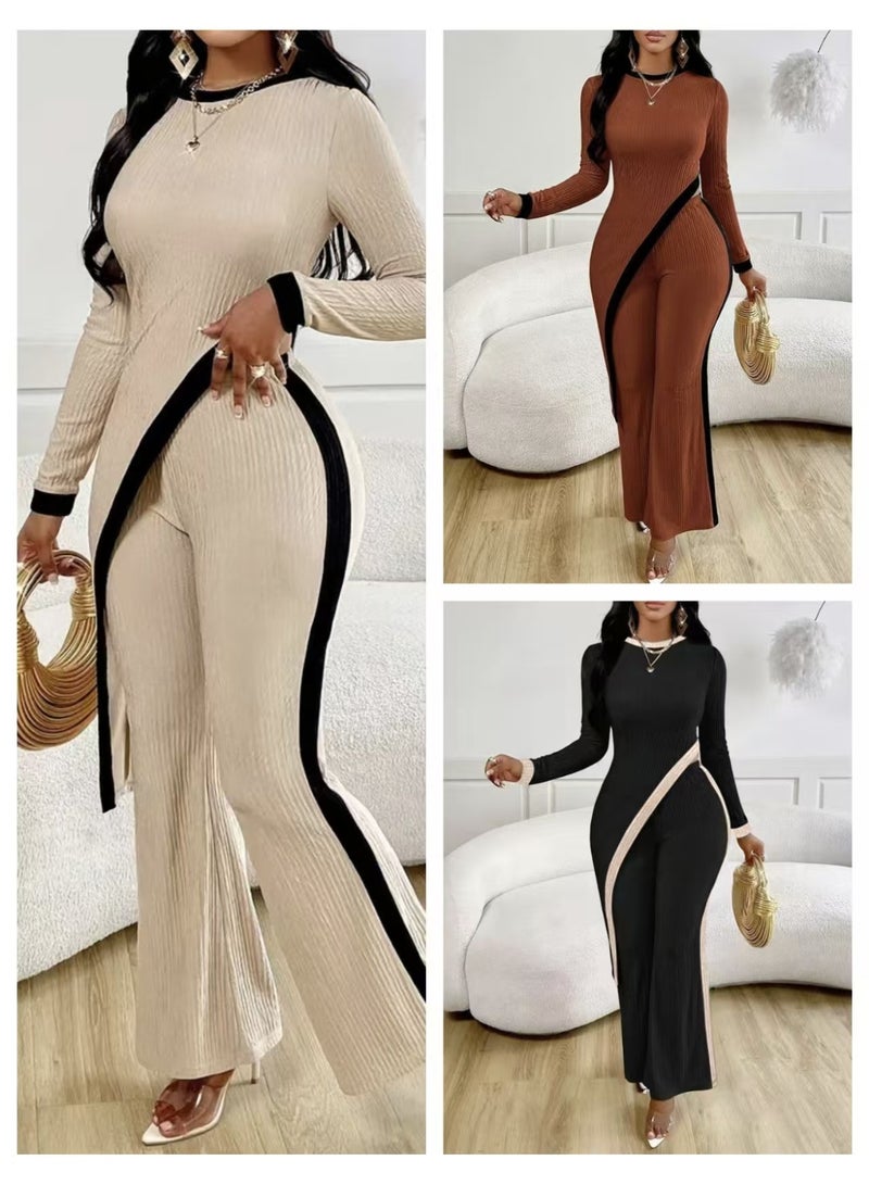 general 2026 Spring/Summer Women's Fashion Color-Contrasting Long-Sleeved Side-Opening Skirt T-Shirt + Patched Pants Set - Image 3