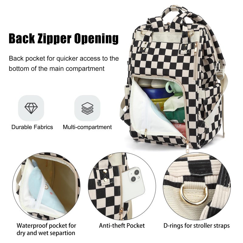 Dezcrab Baby Diaper Bag Backpack for Mom, Large Capacity Travel Nappy Bag for Boys & Girls with Stroller Straps (Corduroy Checkered Black) - Image 4