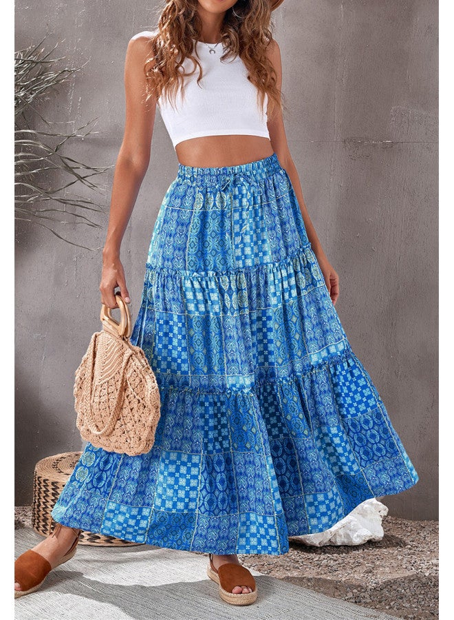 New European And American   Ethnic Style Printed Skirt Layered Sching Ruffled Skirt