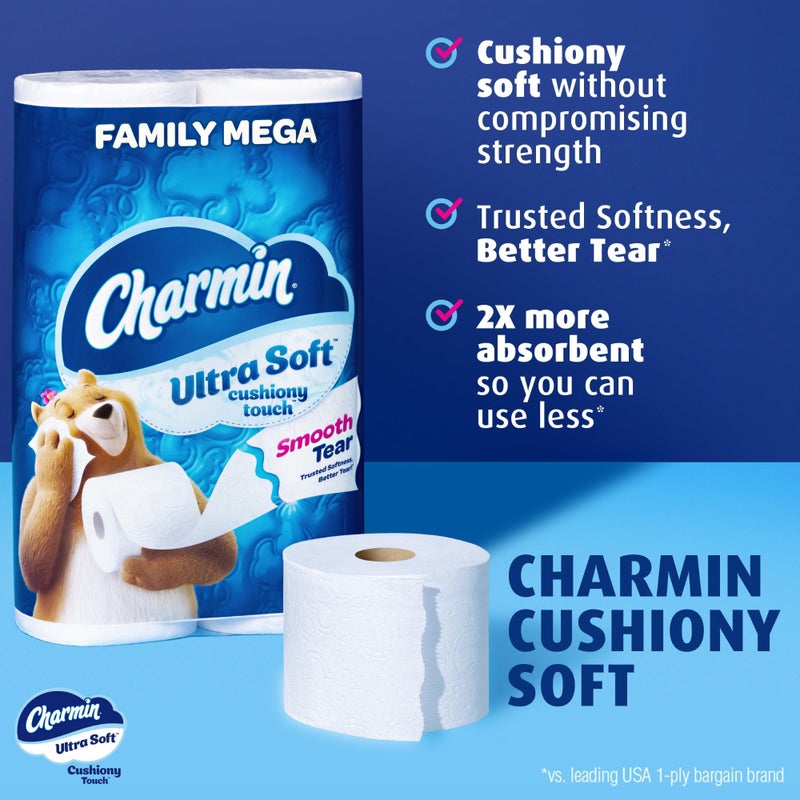 Charmin Toilet Paper Ultra Soft Cushiony Touch, 18 Family Mega Rolls = 90 Regular Rolls - Image 2