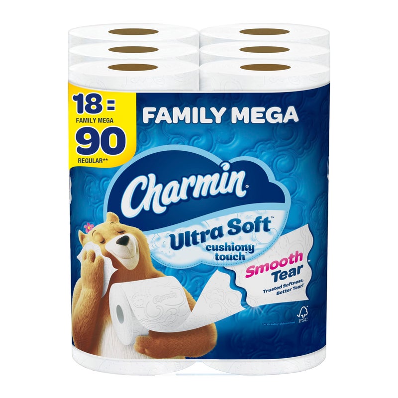 Charmin Toilet Paper Ultra Soft Cushiony Touch, 18 Family Mega Rolls = 90 Regular Rolls - Image 1