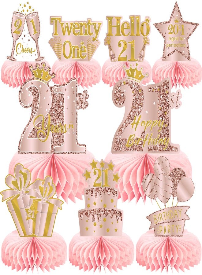MOORAY 9Pcs 21st Birthday Decorations Pink Rose Gold Honeycomb Centerpieces for Women Girls,Happy 21st Birthday Table Centerpieces Party Supplies,Twenty-One Year Old Birthday Table Toppers Decor - Image 1