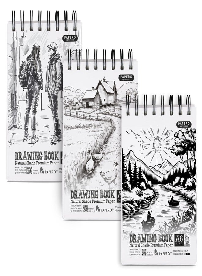 PaperO A6 Sketch/Drawing Book - 140 GSM, 100 Pages/50 Sheets, Metal Wire-O Bound - Perfect for Professional Artists, Architects, Kids, and Adults (10.5 x 14.8 cm) (Pack of 3) - Image 1