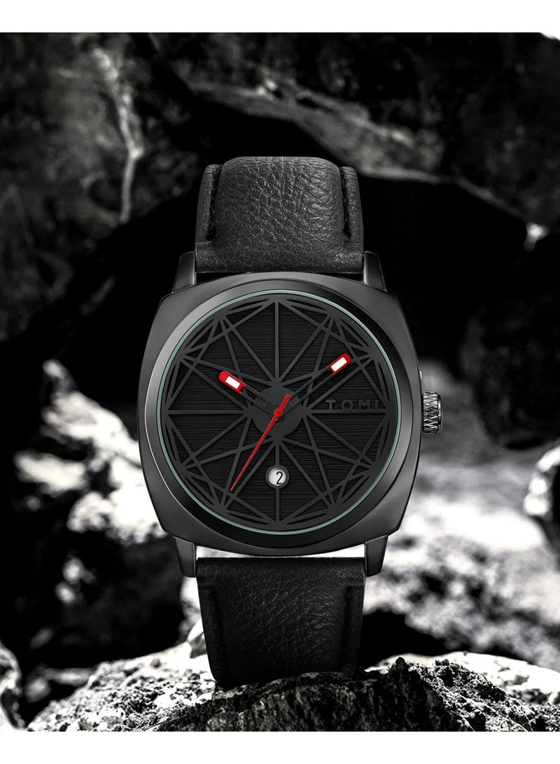 TOMI Spider Man Edition Unisex Analog Wrist Watch for Men & Women, Black Leather Strap, Stylish Geometric Dial, Date Display, Fashion Casual Watch - Image 2