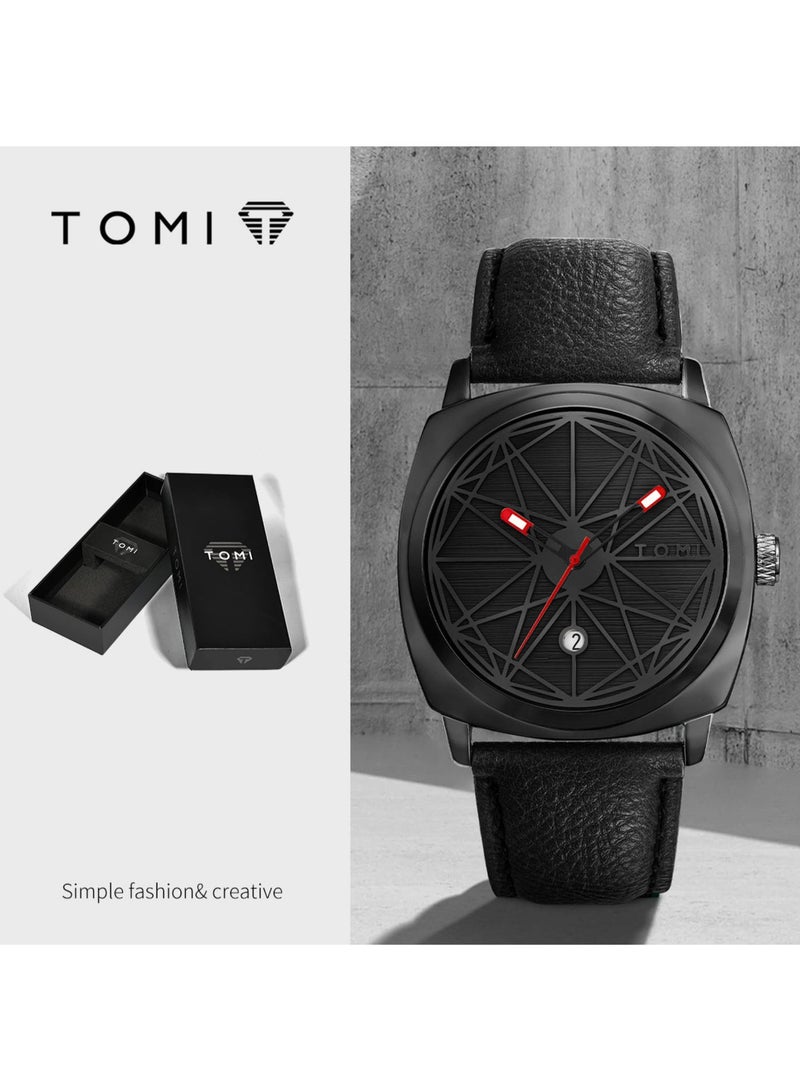 TOMI Spider Man Edition Unisex Analog Wrist Watch for Men & Women, Black Leather Strap, Stylish Geometric Dial, Date Display, Fashion Casual Watch - Image 1