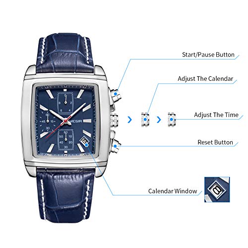 MEGIR Men's Business Analog Chronograph Luminous Rectangle Quartz Watch with Stylish Leather Strap for Sport & Work (Blue) - Image 5