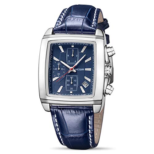 MEGIR Men's Business Analog Chronograph Luminous Rectangle Quartz Watch with Stylish Leather Strap for Sport & Work (Blue) - Image 1