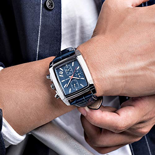 MEGIR Men's Business Analog Chronograph Luminous Rectangle Quartz Watch with Stylish Leather Strap for Sport & Work (Blue) - Image 3