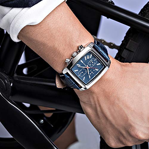 MEGIR Men's Business Analog Chronograph Luminous Rectangle Quartz Watch with Stylish Leather Strap for Sport & Work (Blue) - Image 2