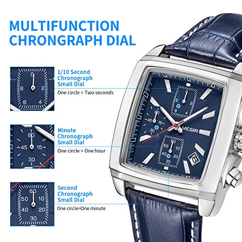 MEGIR Men's Business Analog Chronograph Luminous Rectangle Quartz Watch with Stylish Leather Strap for Sport & Work (Blue) - Image 4