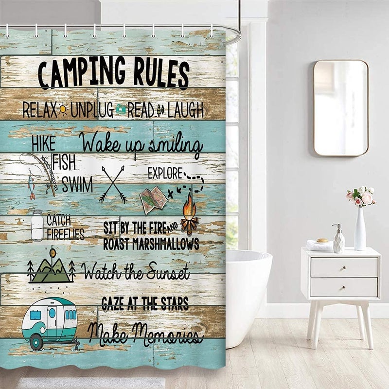 VeiVian VeiVian Funny Camping Rules Shower Curtain Farmhouse Rustic Cabin Rules Travel on Teal Country Wooden Board Shower Curtain for RV Camper Trailer Bathroom Happy Camp Stall Shower Curtain 47X64IN