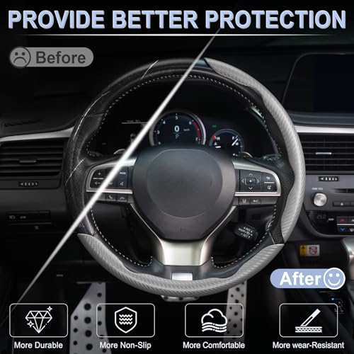 Amiss 3pcs Carbon Fiber Anti-Skid Steering Wheel Cover, Segmented & Butterfly Design, Universal 99% Car Wheel Cover Protector, Grey - Image 4