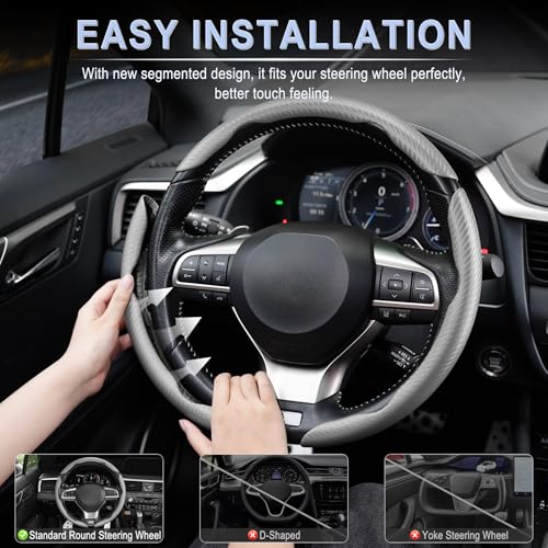 Amiss 3pcs Carbon Fiber Anti-Skid Steering Wheel Cover, Segmented & Butterfly Design, Universal 99% Car Wheel Cover Protector, Grey - Image 5
