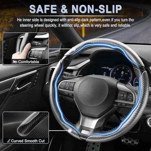Amiss 3pcs Carbon Fiber Anti-Skid Steering Wheel Cover, Segmented & Butterfly Design, Universal 99% Car Wheel Cover Protector, Grey - Image 3