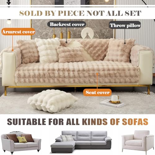 XSlive Soft Warm Faux Fur Couch Sofa Cover Thick Shaggy Fuzzy Sectional Couch Cover Non-Slip Solid Color Plush Sofa Slipcover Furniture Protector for Kids, Pets (Light Brown,28"x28") - Image 3