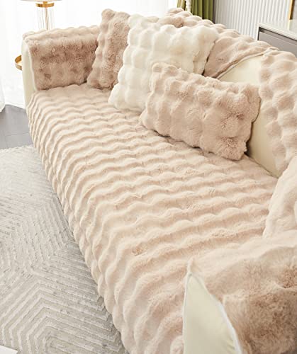 XSlive Soft Warm Faux Fur Couch Sofa Cover Thick Shaggy Fuzzy Sectional Couch Cover Non-Slip Solid Color Plush Sofa Slipcover Furniture Protector for Kids, Pets (Light Brown,28"x28") - Image 5