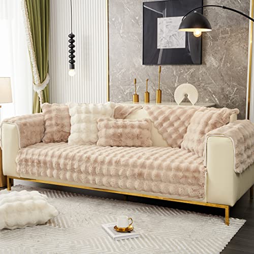 XSlive Soft Warm Faux Fur Couch Sofa Cover Thick Shaggy Fuzzy Sectional Couch Cover Non-Slip Solid Color Plush Sofa Slipcover Furniture Protector for Kids, Pets (Light Brown,28"x28") - Image 4