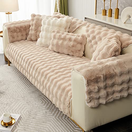 XSlive Soft Warm Faux Fur Couch Sofa Cover Thick Shaggy Fuzzy Sectional Couch Cover Non-Slip Solid Color Plush Sofa Slipcover Furniture Protector for Kids, Pets (Light Brown,28"x28") - Image 1