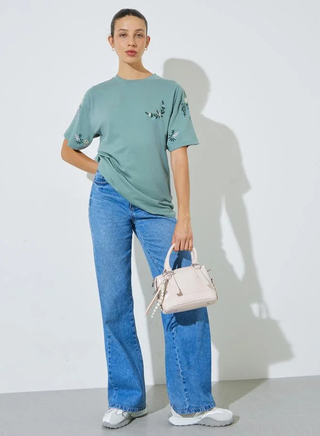 ستايلي Green Embroidered Longline Cotton T-Shirt