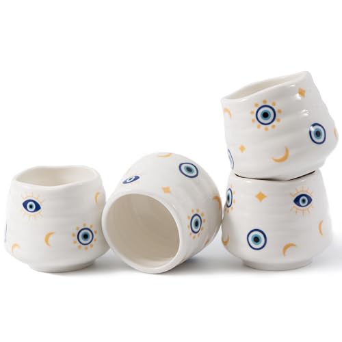 YumiPLUS 4pcs Japanese Tea Cup Set Mini Size Cup 5OZ Ceramic Matcha Cup Handless Espresso Cups Cute Small Porcelain Coffee Mugs for Coffee Tea Lovers Dishwasher Microwave Safe Evil Eye - Image 1