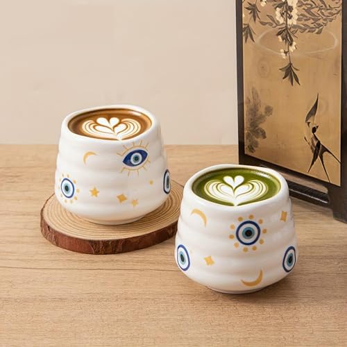 YumiPLUS 4pcs Japanese Tea Cup Set Mini Size Cup 5OZ Ceramic Matcha Cup Handless Espresso Cups Cute Small Porcelain Coffee Mugs for Coffee Tea Lovers Dishwasher Microwave Safe Evil Eye - Image 3