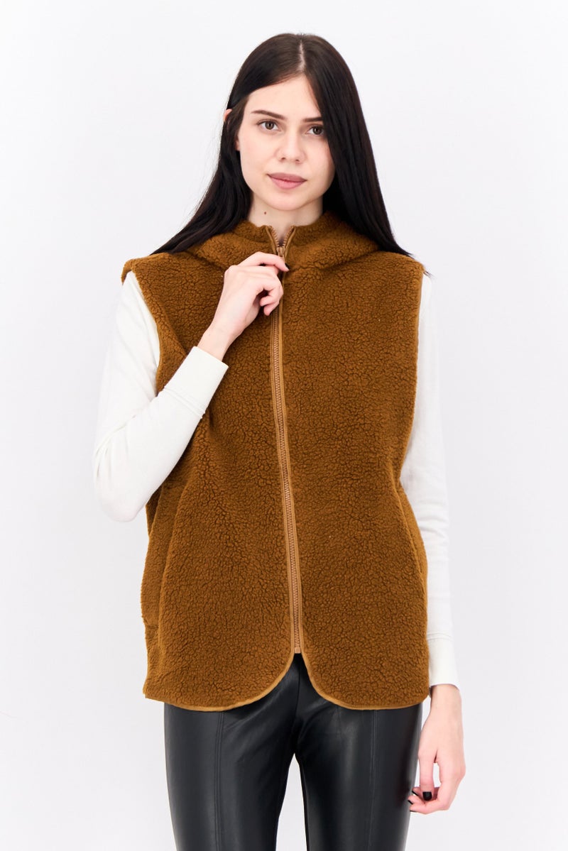 Asos Design Women Textured Sleeveless Sherpa Jacket, Brown  - Image 1