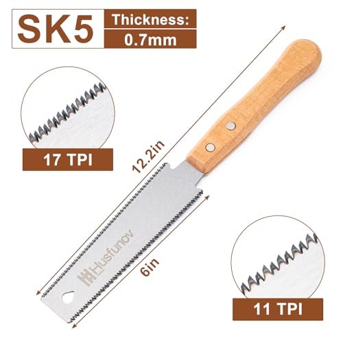 Husfunov Japanese Hand Saw, 6 Inch Pull Saw with Double Edges of 11/17 TPI, SK5 Flexible Blade Handle Wood Saws for Woodworking Tools - Image 2