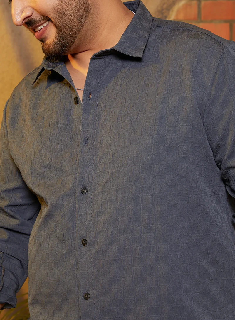 Instafab Plus Instafab Plus Men's Charcoal Grey Brick-Tactile Shirt For Casual Wear | Spread Collar | Long Cuffed Sleeves | Button Closure | Plus Size Shirt Crafted With Comfort Fit For Everyday Wear