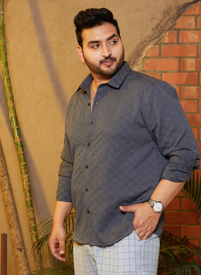Instafab Plus Instafab Plus Men's Charcoal Grey Brick-Tactile Shirt For Casual Wear | Spread Collar | Long Cuffed Sleeves | Button Closure | Plus Size Shirt Crafted With Comfort Fit For Everyday Wear