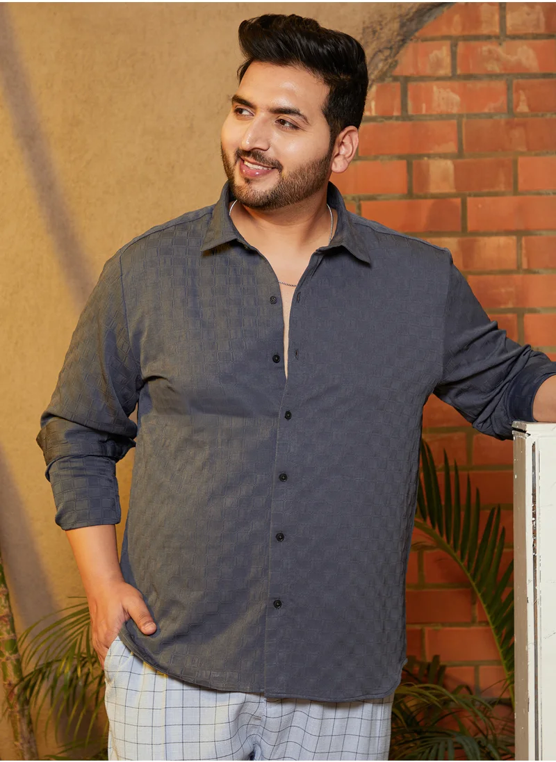Instafab Plus Instafab Plus Men's Charcoal Grey Brick-Tactile Shirt For Casual Wear | Spread Collar | Long Cuffed Sleeves | Button Closure | Plus Size Shirt Crafted With Comfort Fit For Everyday Wear