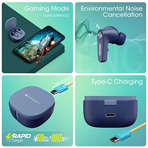 Zebronics Sound Bomb 7 Bluetooth TWS in Ear Earbuds with 60H Playtime, ENC Mic, Rapid Charge, Upto 50ms Gaming Mode, Flash Connect, Voice Assistant, Smooth Touch Control, BT v5.2, Type C (Blue) - Image 5