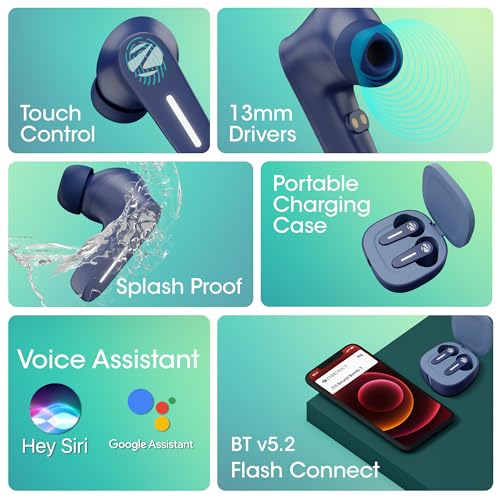 Zebronics Sound Bomb 7 Bluetooth TWS in Ear Earbuds with 60H Playtime, ENC Mic, Rapid Charge, Upto 50ms Gaming Mode, Flash Connect, Voice Assistant, Smooth Touch Control, BT v5.2, Type C (Blue) - Image 4