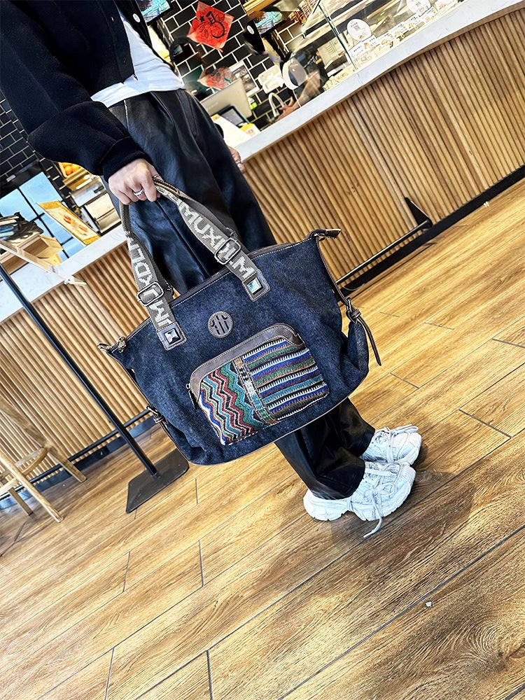 Denim With Leather Handbag Handmade Embroidered Large Capacity Canvas Crossbody Bag [Limited Price 138 Yuan]] - Image 3
