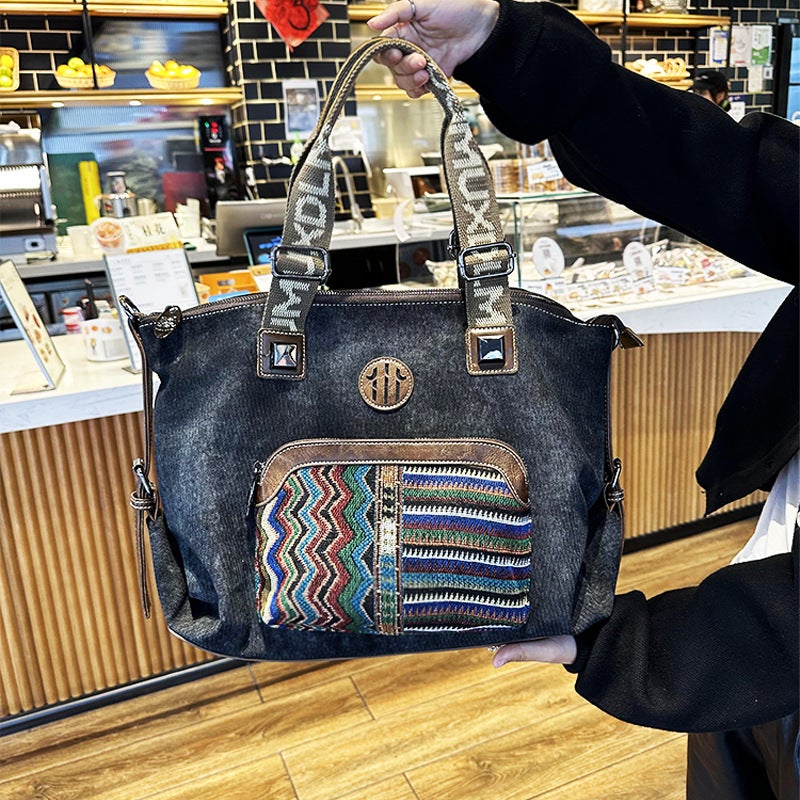 Denim With Leather Handbag Handmade Embroidered Large Capacity Canvas Crossbody Bag [Limited Price 138 Yuan]] - Image 1