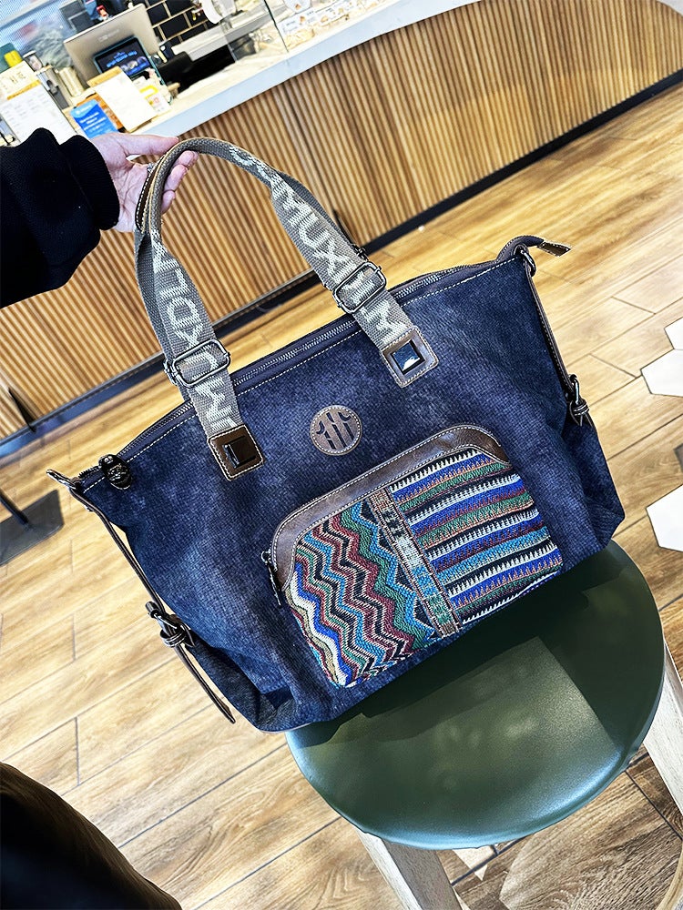 Denim With Leather Handbag Handmade Embroidered Large Capacity Canvas Crossbody Bag [Limited Price 138 Yuan]] - Image 2