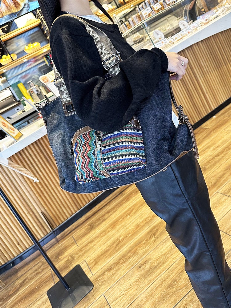 Denim With Leather Handbag Handmade Embroidered Large Capacity Canvas Crossbody Bag [Limited Price 138 Yuan]] - Image 4