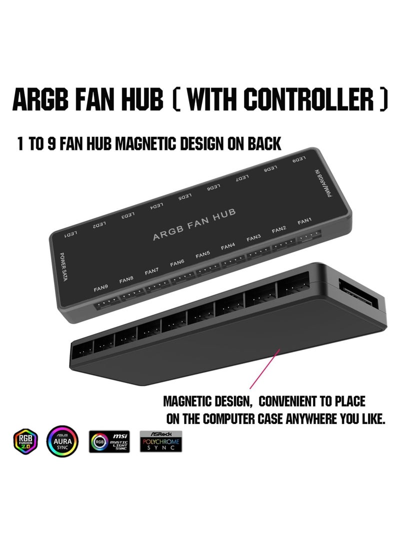 Arabest ARGB Fan HUB Controller with Remote Control, PWM Hub Support 9 Groups of Fans for Addressable 5V 3Pin ARGB & 12V 4Pin PWM, 2-in-1 RGB Case Fan with Hidden Magnetic Base and SATA Power (9 Groups) - Image 2